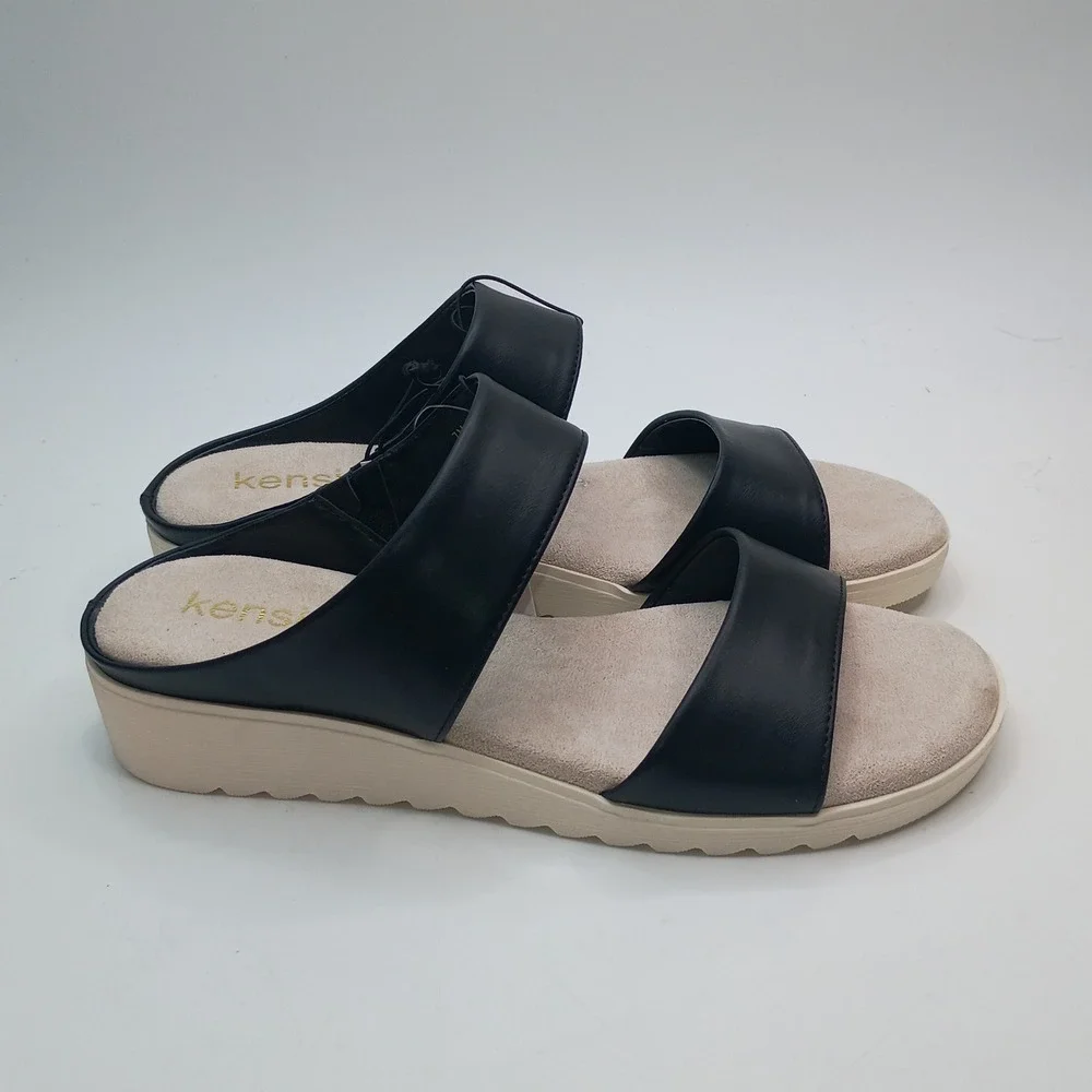 Kensie Endy Comfort Slide Women Size 7 Black Faux Leather Wedge Sandal KS261620